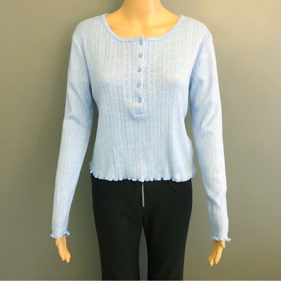 SUZY Pastel Blue Casual Relaxed Fit Button Down Long Sleeves Knits T Shirt Tee - Picture 1 of 13